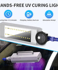 Hands-free UV curing lamp from Windshield Chip Repair Kit With Intelligent Nano Glass Repair Device and 20 Bottles Upgraded Repair Fluid, shown in a garage setting.
