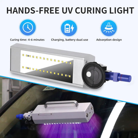 Hands-free UV curing lamp from Windshield Chip Repair Kit With Intelligent Nano Glass Repair Device and 20 Bottles Upgraded Repair Fluid, shown in a garage setting.
