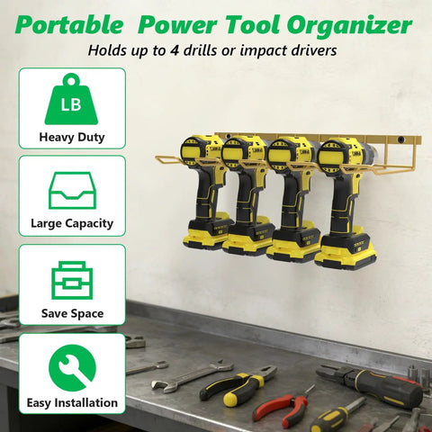 Two Pack Power Tool Organizer Wall Mount, Heavy Duty Metal Shelf For Four Cordless Tools, tools stored in garage