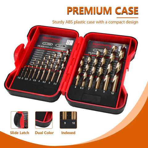 Five Percent Cobalt M35 Drill Bit Set For Tough Metals, Fifteen Piece Metric Range 1.5 To 10 Mm, HSS Co Bits in red indexed case