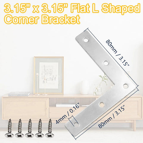 Ten Pack Stainless Steel Flat L Shape Corner Braces For Wood Furniture Cabinets And Shelves Right Angle Repair Brackets Mending Plates With Five Mount Holes 3.15 By 3.15 Inch shown with screws