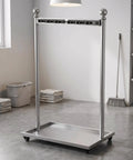 Go-To Floor Standing Mop And Broom Storage Rack For Schools, Factories, And Maintenance Crews - Heavy-Duty Cleaning Tool Holder, Movable Organizer, Keeps Cleaning Supplies Neat, Accessible, Ready To Use; stainless steel, wheeled