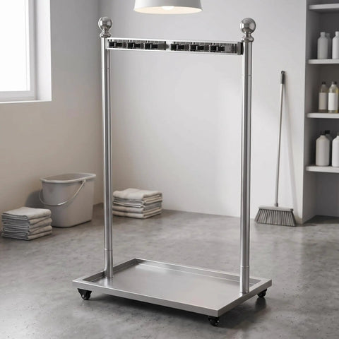 Go-To Floor Standing Mop And Broom Storage Rack For Schools, Factories, And Maintenance Crews - Heavy-Duty Cleaning Tool Holder, Movable Organizer, Keeps Cleaning Supplies Neat, Accessible, Ready To Use; stainless steel, wheeled