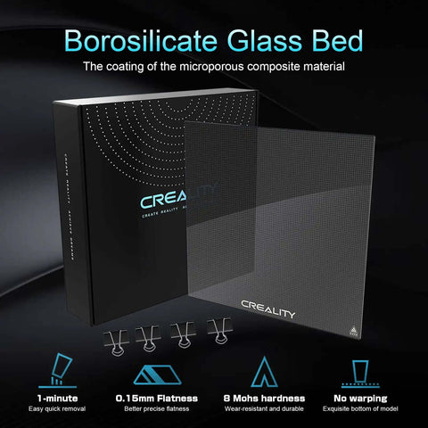 Ender 3 Glass Bed Upgrade Tempered Glass Plate Build Surface 235x235x4mm shown with box and clips for 3D printer use