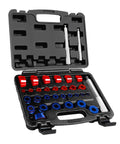 33Pc Bearing Race And Seal Driver Set With Metric And SAE Adapters in black carry case with knurled handles and red, blue adapters