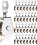 32 Pack Heavy Duty 4 Inch Single Pulley Block Wheels, Zinc Plated Iron, 360 Degree Swivel For 3 By 8 Inch Cable, Lifting Rigging And Towing, 420 Lb Working Load, Beefy DIY Gear Set, silver pulley wheels shown
