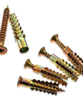 20 Pack Heavy Duty Concrete Anchors And Screws Kit For Hollow Walls, gold metal anchors with screws shown from above, tree shape expansion