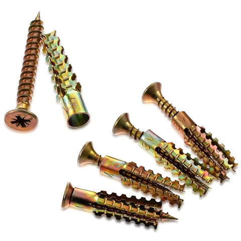 20 Pack Heavy Duty Concrete Anchors And Screws Kit For Hollow Walls, gold metal anchors with screws shown from above, tree shape expansion
