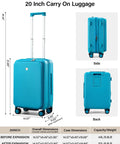 Expandable 20 Inch Carry On Luggage With Top Opening Design Caribbean Blue Hard Shell Roller Suitcase Lightweight 8.8 Lb Expands From 44L To 52L Airline Approved For Overhead Bins Cup Holder Included