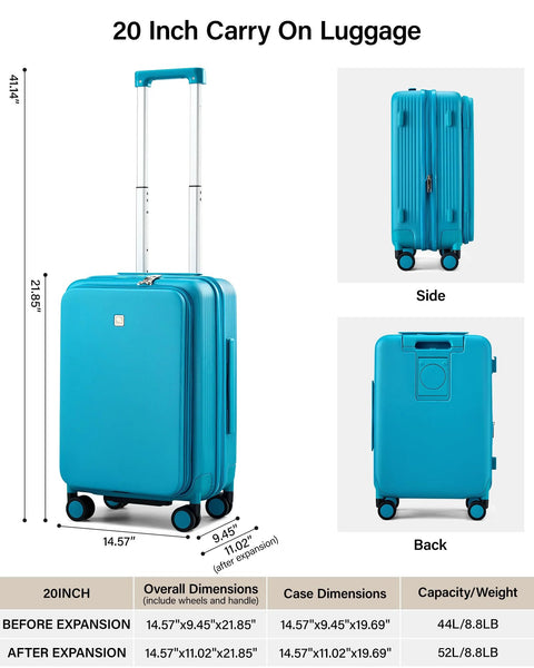 Expandable 20 Inch Carry On Luggage With Top Opening Design Caribbean Blue Hard Shell Roller Suitcase Lightweight 8.8 Lb Expands From 44L To 52L Airline Approved For Overhead Bins Cup Holder Included