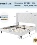 Queen Bed Frame With Plush Velvet Headboard And Built In Charging Station Featuring Dual AC Outlets And USB Port Plus Type C Hub dimensions and features