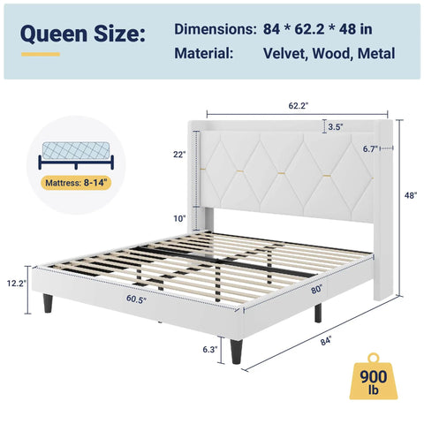 Queen Bed Frame With Plush Velvet Headboard And Built In Charging Station Featuring Dual AC Outlets And USB Port Plus Type C Hub dimensions and features