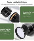 Universal 2-Inch T2 Telescope Camera Adapter for SLR DSLR showing dual installation options and thread compatibility.