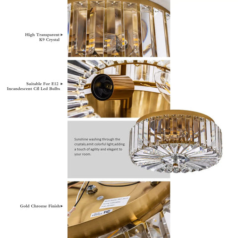 Four Light Crystal Drum Ceiling Light Fixture With Gold Brass Finish, Flush Mount Round Metal Shade, Dimmable And E12 Bulb Compatible, Luxe Modern Glow That Slaps In Dining Room, Living Room, Bedroom, And Bathroom