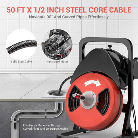 Heavy Duty Electric Drain Snake And Power Auger With Auto Feed, 50 Foot Steel Core Cable And Four Razor Sharp Blades to showcase 50 ft steel core cable and high speed motor for plumbing.