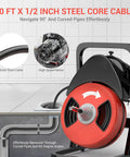 Fifty Foot Heavy Duty Electric Drain Cleaner Machine With Motorized Auto Feed Sewer Snake Auger and Four Swappable Cutters To Bust Tough Bathroom Blockages Fast showing 50 ft x 1/2 inch steel core cable and high speed motor.
