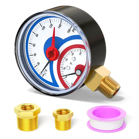 Thermal Pressure Gauge 0-160 Psi With 30-250 F Range, brass fittings, and tape, 1/4 NPT lower mount, 2.5 inch dial gauge