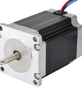Front view of Nema 23 bipolar stepper motor with silver faceplate, black body, and red/blue wires.