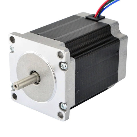 Front view of Nema 23 bipolar stepper motor with silver faceplate, black body, and red/blue wires.