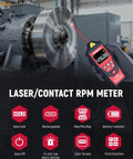 All-In-One Dual Mode Laser And Contact Tachometer With Rechargeable Battery Pro-Grade Photo Sensor RPM Meter Ranges 10 To 99999 And 1 To 19999 Backlit Display Hold Max Min Avg Hi Low Alarm measuring spinning machine shaft