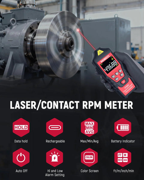 All-In-One Dual Mode Laser And Contact Tachometer With Rechargeable Battery Pro-Grade Photo Sensor RPM Meter Ranges 10 To 99999 And 1 To 19999 Backlit Display Hold Max Min Avg Hi Low Alarm measuring spinning machine shaft