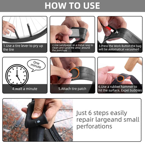 How to use Portable Bike Tire Patch Kit For Punctures with 24 Vulcanizing Patches and Sandpaper Rasp instructions graphic