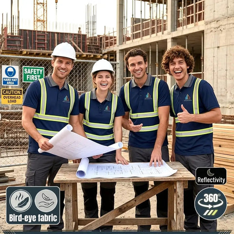 Group of construction workers in Custom High Visibility Safety Polo Shirt Quick Dry Reflective Work Uniform With Moisture Wicking Fabric Built For The Daily Grind And Crew Hustle Heavy Duty Industrial Gear Dark Blue.