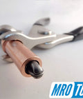 Close-up of Cleco fastener and pliers in Pro Grade 1/4 Inch Cleco Fastener Kit for Auto Body Repair with logo.