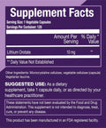 Supplement facts label for New Dawn Lithium Orotate Mood Boost Support Supplement 10mg Per Capsule, 120 Vegetarian Capsules