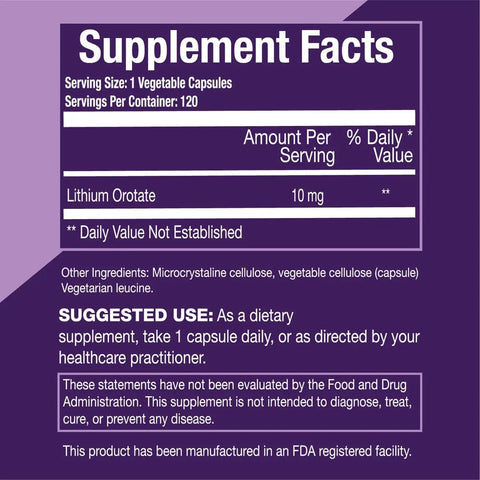 Supplement facts label for New Dawn Lithium Orotate Mood Boost Support Supplement 10mg Per Capsule, 120 Vegetarian Capsules