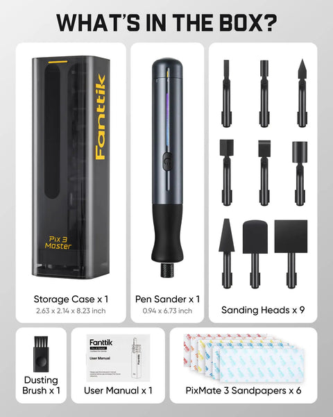 Badass Brushless Electric Detail Sander For Sweet 3D Print Finishing And Quick Model Sanding With Jam Free Reciprocating Design And Built Tough For Maker Folks kit components including pen sander and sandpapers.