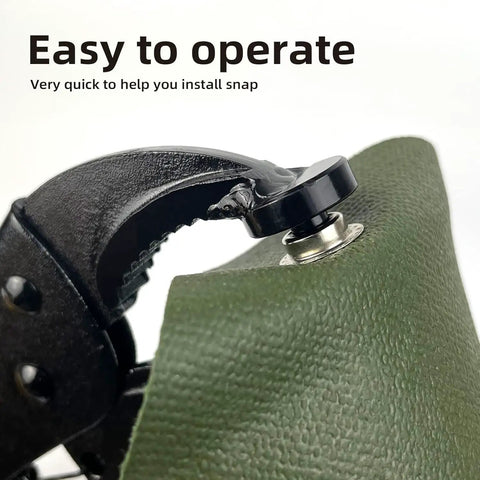 Heavy Duty Snap Fastener Tool Kit For Boat Covers And Fabric, tool installing metal snap on green fabric without a hammer.