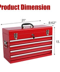 4-Drawer Heavy Duty Metal Tool Chest With Ball Bearing Slides Portable Steel Tool Box showing dimensions 21x8.62x13.38 inches