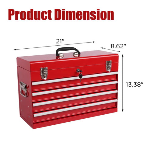 4-Drawer Heavy Duty Metal Tool Chest With Ball Bearing Slides Portable Steel Tool Box showing dimensions 21x8.62x13.38 inches