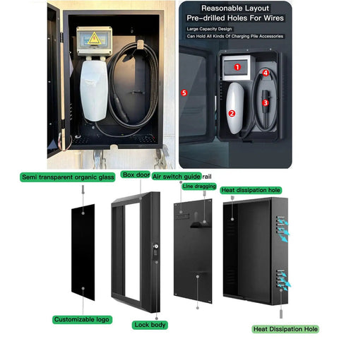 Heavy Duty Outdoor EV Charger Cover With Waterproof Lockable Shell And Worry Free Mount Base For NACS J1772 Plugs inner layout showing cable management design.