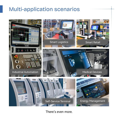 Multi-application scenarios of 7 Inch Embedded Panel PC with 10 point capacitive touchscreen in industrial automation and retail.