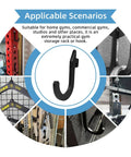 Squat Rack Hooks And Power Rack Attachments For DIY Storage - Hang Resistance Bands, Barbell Collars, Jump Ropes And Gym Accessories On 1 Inch Hole-Spaced Racks (Black) with various uses in gym settings.