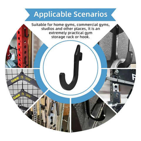 Squat Rack Hooks And Power Rack Attachments For DIY Storage - Hang Resistance Bands, Barbell Collars, Jump Ropes And Gym Accessories On 1 Inch Hole-Spaced Racks (Black) with various uses in gym settings.