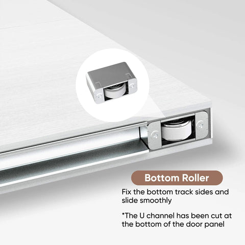 Close-up view of the 36X84 White Concealed Sliding Barn Door bottom roller and hidden rail, showing soft-close hardware kit.