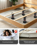 Heavy Duty Adjustable Bed Support Legs 4 Pack 8.4 To 13.5 Inches Holds 4400 Pounds Each installed in a wooden bed frame.