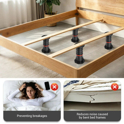 Heavy Duty Adjustable Bed Support Legs 4 Pack 8.4 To 13.5 Inches Holds 4400 Pounds Each installed in a wooden bed frame.