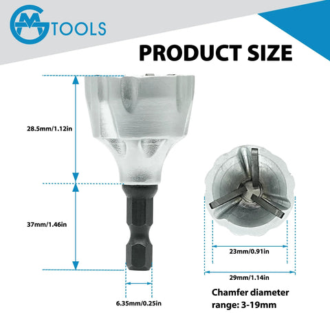 GMTOOLS external deburring chamfer tool with YG8 carbide blade, quick-release shank, front view