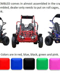 Three Mid XRX/R Deluxe Go Kart Buggies in red, blue, and black with dual seats, roll cage, and safety harnesses, front view.