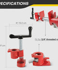 Built Tough Heavy Duty 3/4 Inch Pipe Clamps For Woodworking, Tough As Nails Cast Iron Gluing Bars display specifications.
