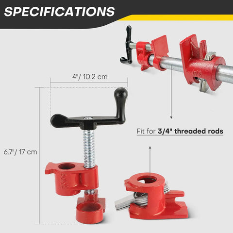 Built Tough Heavy Duty 3/4 Inch Pipe Clamps For Woodworking, Tough As Nails Cast Iron Gluing Bars display specifications.