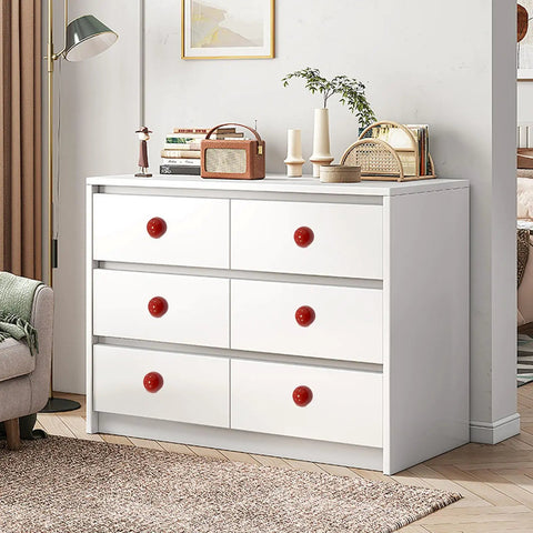 Fire Red Mini Round Cabinet Knobs And Drawer Pulls Set Of 10 With Mounting Screws on white dresser in stylish living room.
