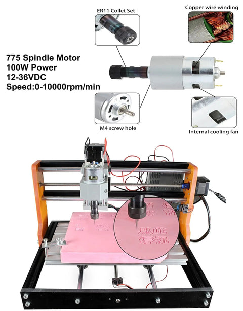 Upgraded 3018 PRO CNC Router Engraving Machine With E Stop And Limit Switches 10000 RPM Spindle shown carving pink material