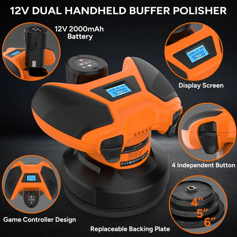 Cordless Car Polisher Kit With 12V 2000mAh Battery Dual Handle Buffer For Car Detailing And Paint Polishing Easy Speed Control Lightweight Design Great For Lampshade And Trim Finishing