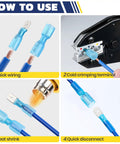 Heat Shrink Spade Connectors Kit 100 Pcs Quick Disconnect Terminals showing wiring, crimping, heat shrinking, disconnect steps