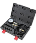 universal oil pressure tester kit with gauge and adapters in black case